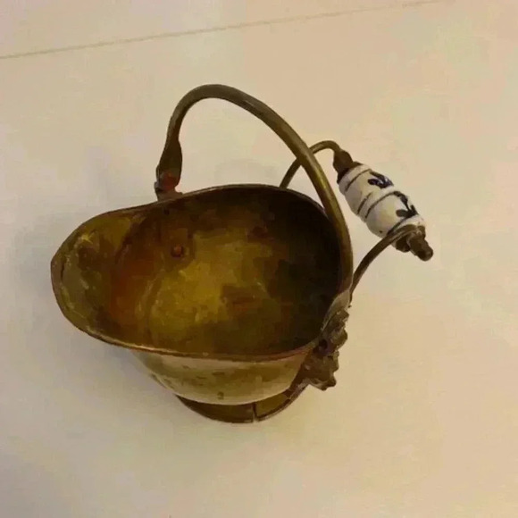 Antique Hand Crafted Pitcher With Lion Heads & Blue White Painted Handle - Picture 2 of 12